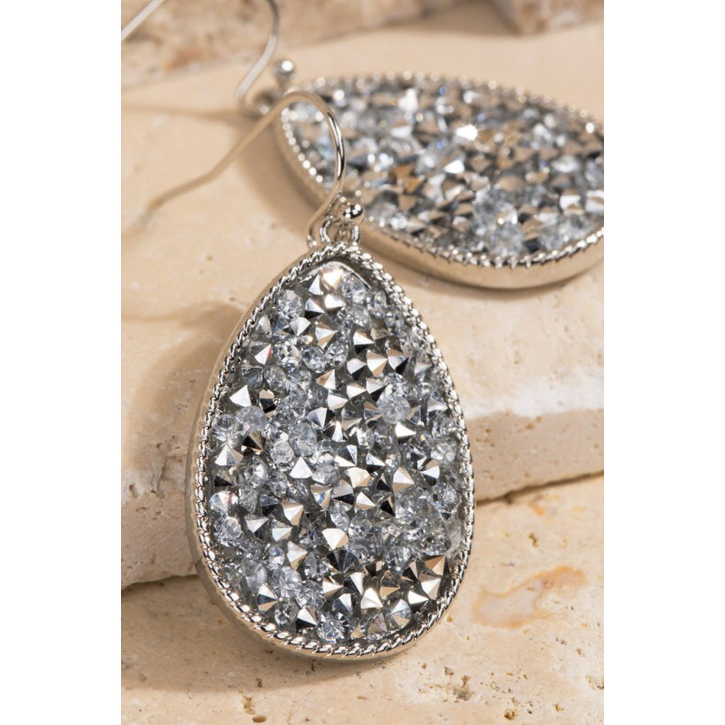 “Disco” Glitter Stone Teardrop Dangle Drop Hook Earrings All Sliver