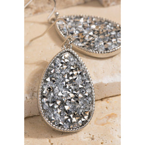 “Disco” Glitter Stone Teardrop Hook Earrings All Sliver