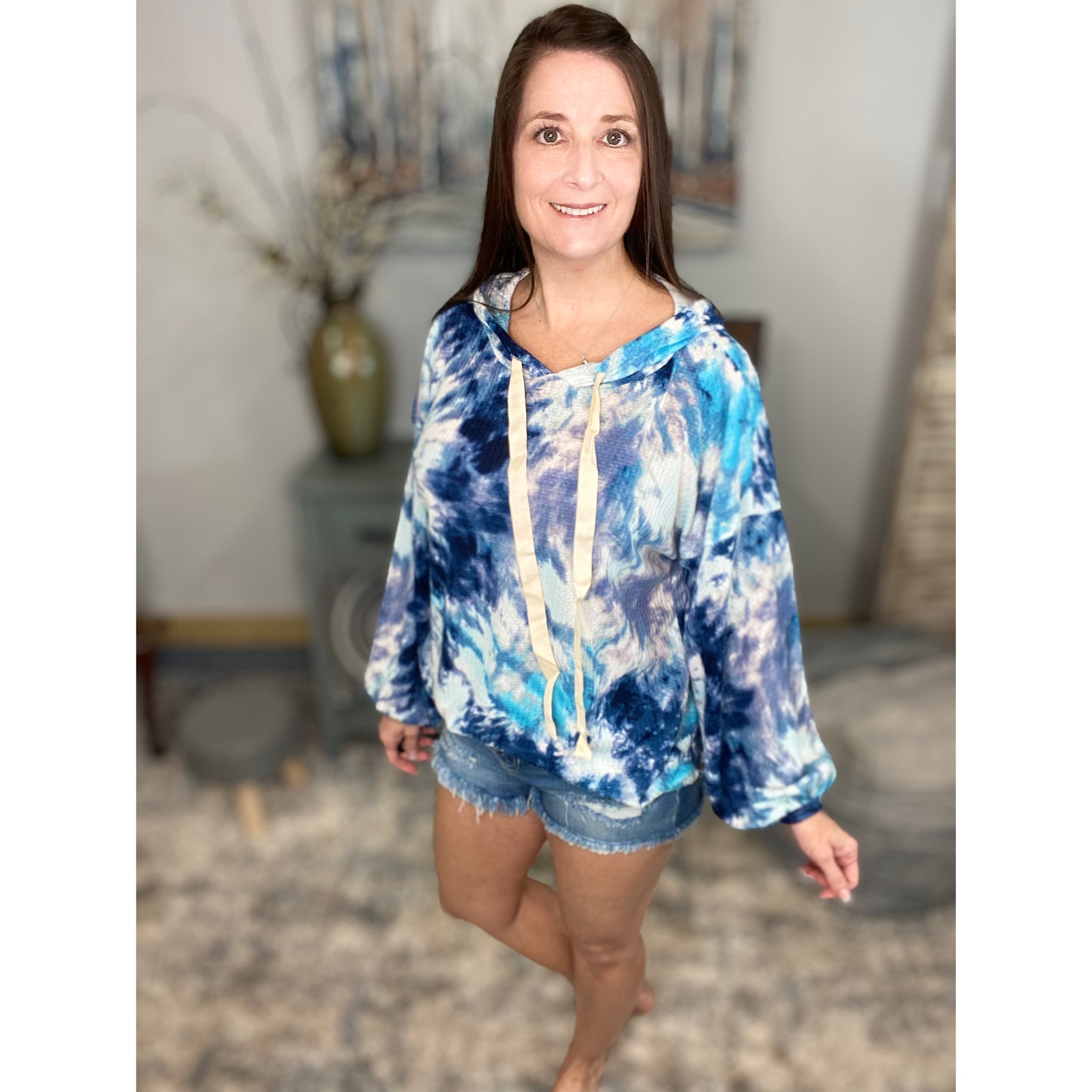 “Free Bird” Tie Dye Crew Neck Waffle Drawstring Light Long Sleeve Hoodie Blue