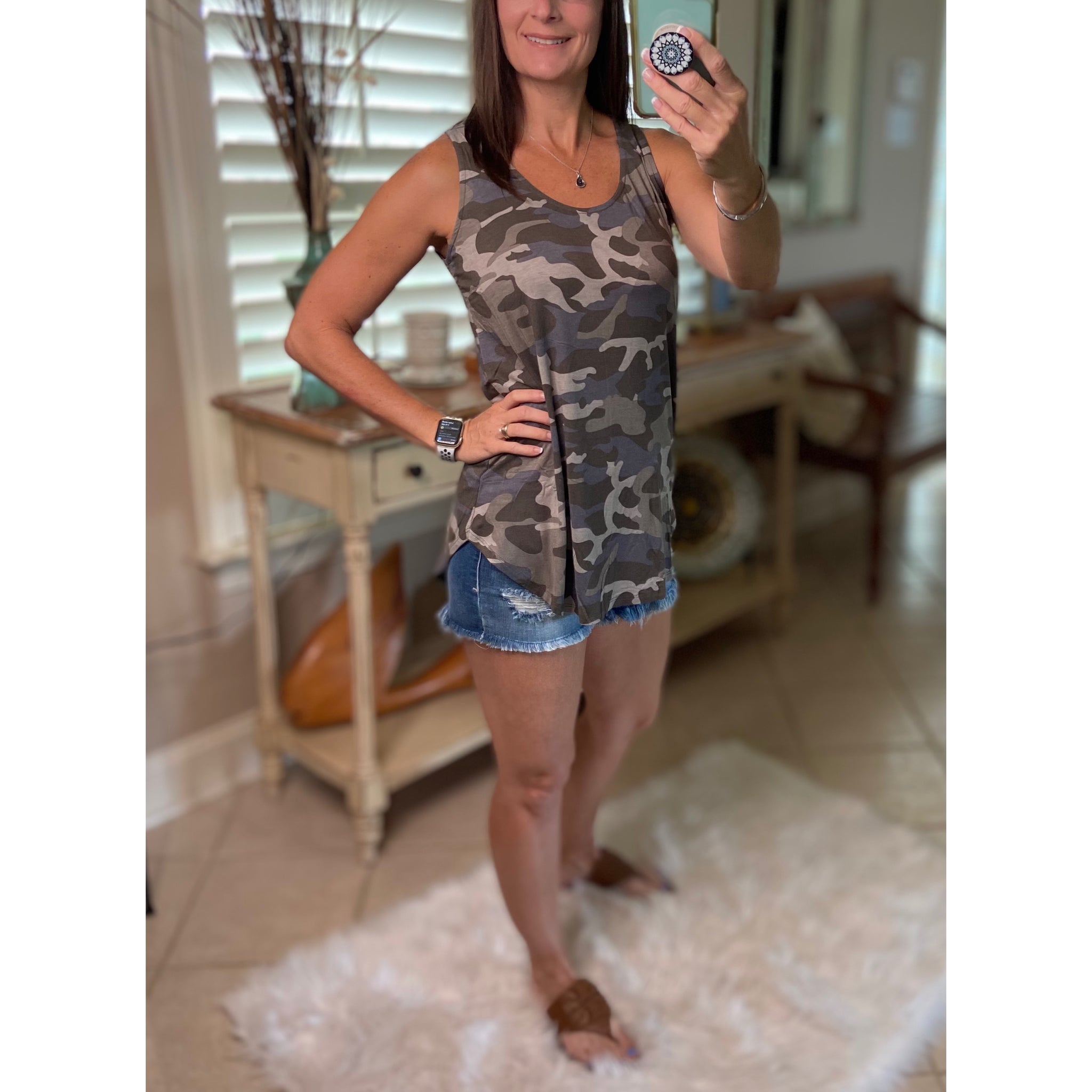 "Hot in Here" Very Sexy Camouflage Floaty Scoop Neck Summer Tank Top Army Green