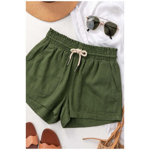 Basic Linen Pocket Drawstring Elastic Waist Dressy Shorts Bottoms Olive S/M/L