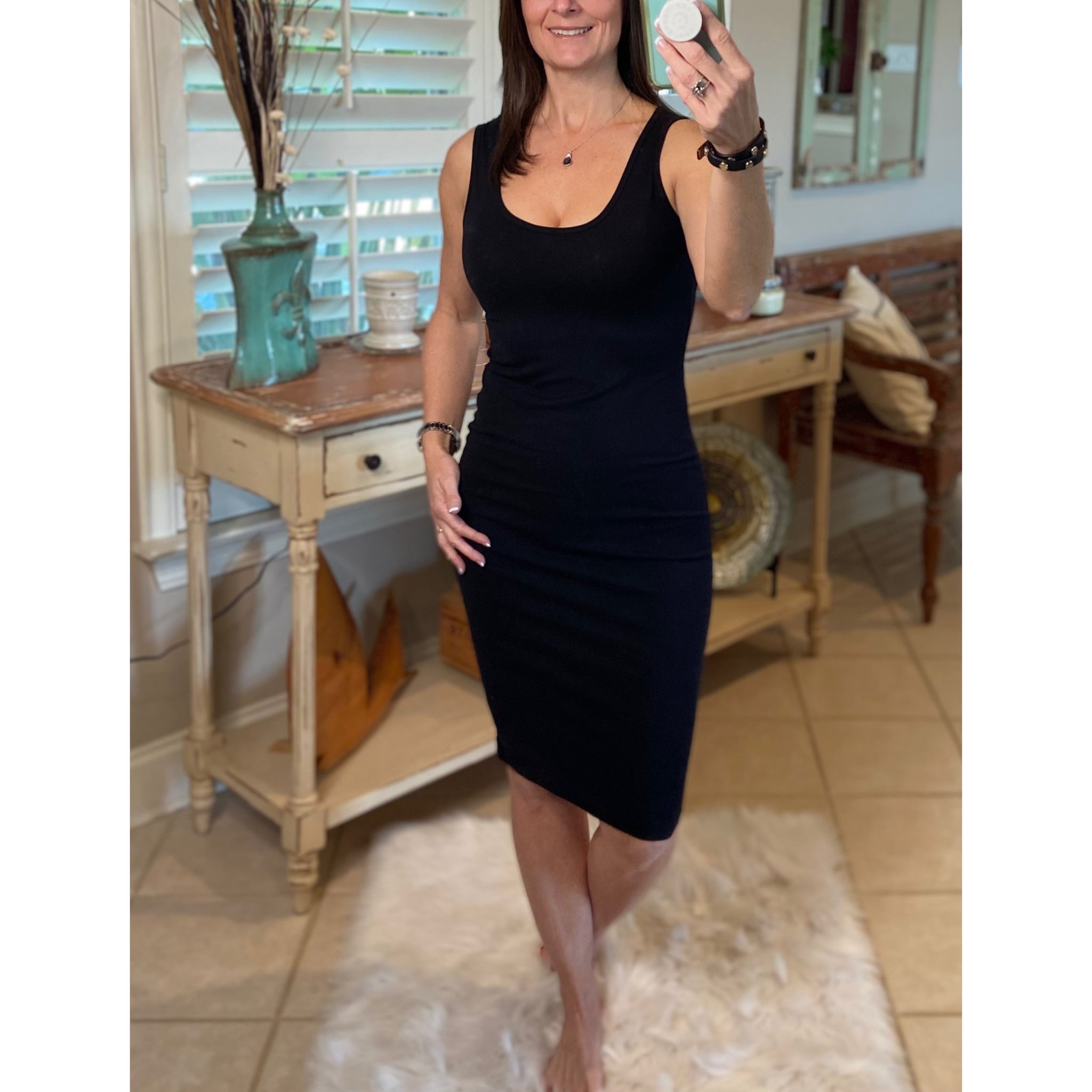 Scoop Neck Cleavage Bodycon Sleeveless Midi Summer Tank Dress Black