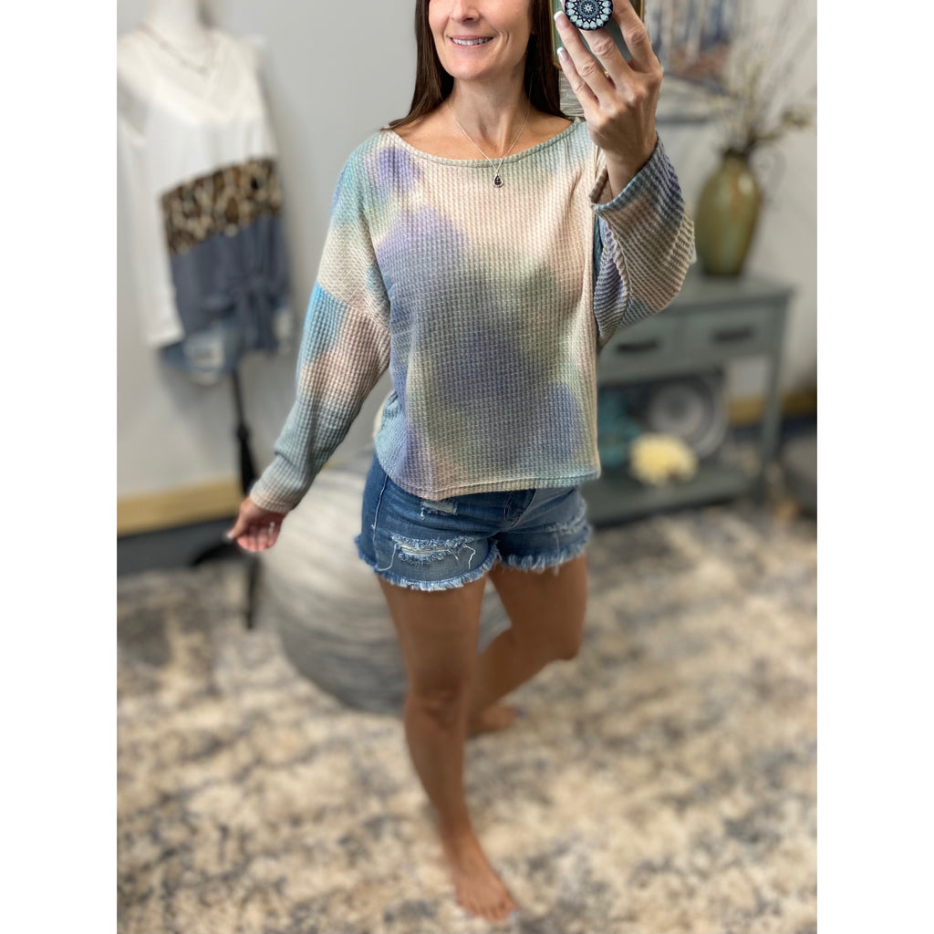 "Can't Stop Me Now" Multi Tie Dye Waffle Thermal Wide Neck Pull Over Long Sleeve Relaxed Top Blue