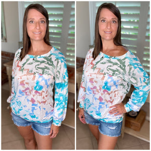 “Wild About You” Multi Tie Dye Wide Rounded Neck Off Shoulder Banded Long Sleeve Top Blue S/M/L/1X/2X