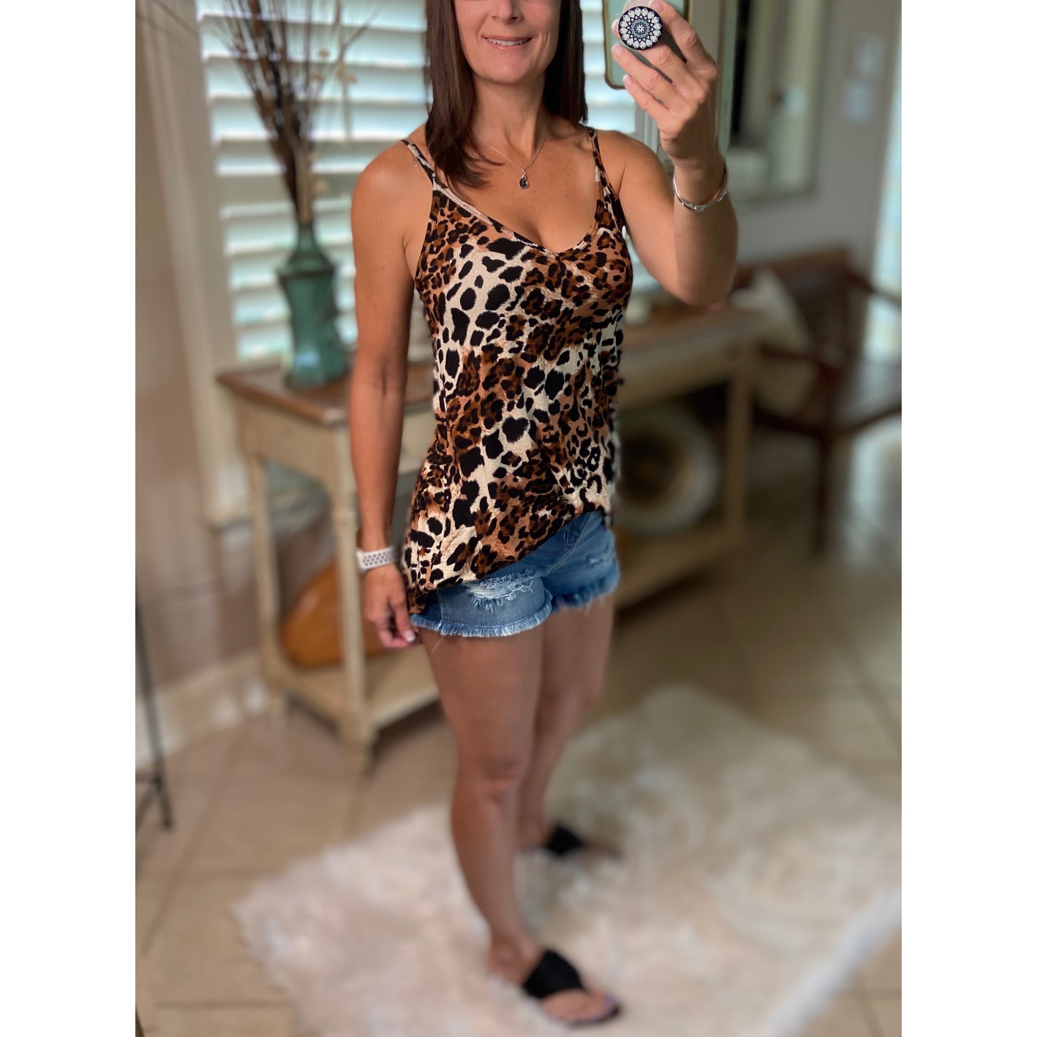 “Heat Wave” Reversible Leopard Low Scoop Or V Neck Spaghetti Strap Tank Top Brown