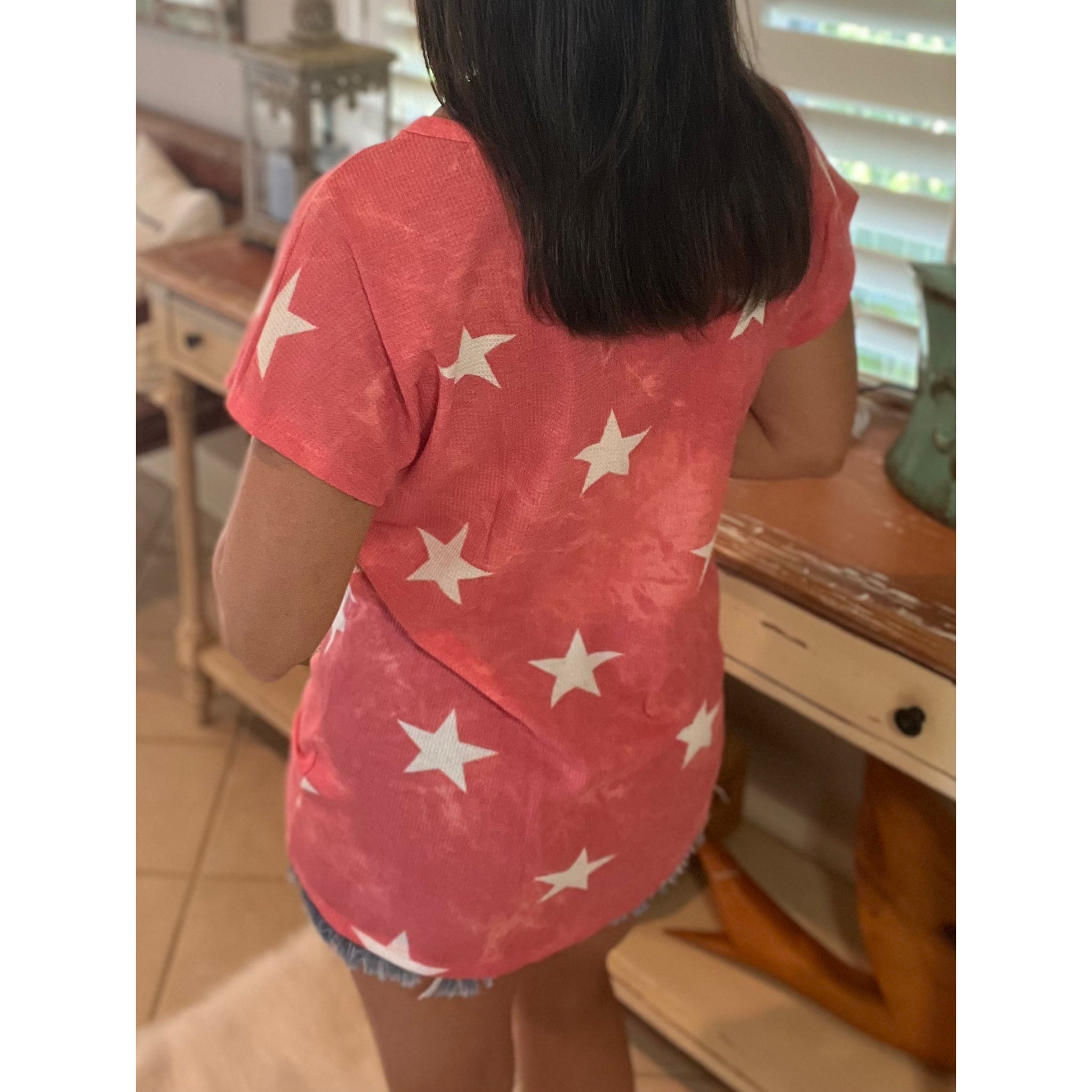 "Don't Stop Believing" Star Print 4th of July America Floaty Henley Self Tie Red S/M/L