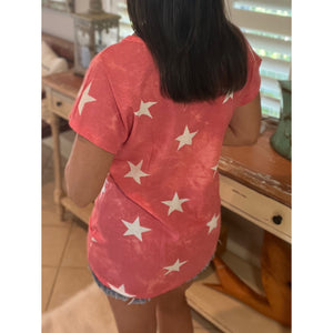 "Don't Stop Believing" Star Print 4th of July America Floaty Henley Self Tie Red S/M/L