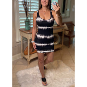 "Black Magic Woman" Striped Tie Dye Scoop Racerback Cleavage Bodycon Mini Summer Tank Dress Black S/M/L