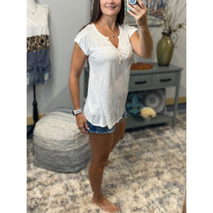 “Just Be You” Sheer Burnout Melange Tissue V Neck Henley Tab Sleeve Shirt Floaty Tee White S/M/L