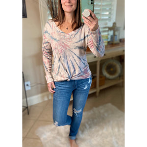 “Sunday Afternoon” Tie Dye French Terry V-Neck Long Sleeve Floaty Light Pink
