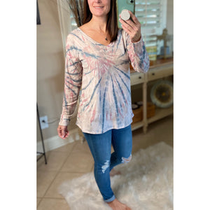 “Sunday Afternoon” Tie Dye French Terry V-Neck Long Sleeve Floaty Light Pink