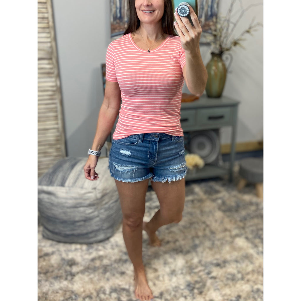 Very Sexy Scoop Preppy Striped Rugby Stretch Ribbed Fitted Baby Tee Shirt Pink Retro Y2K