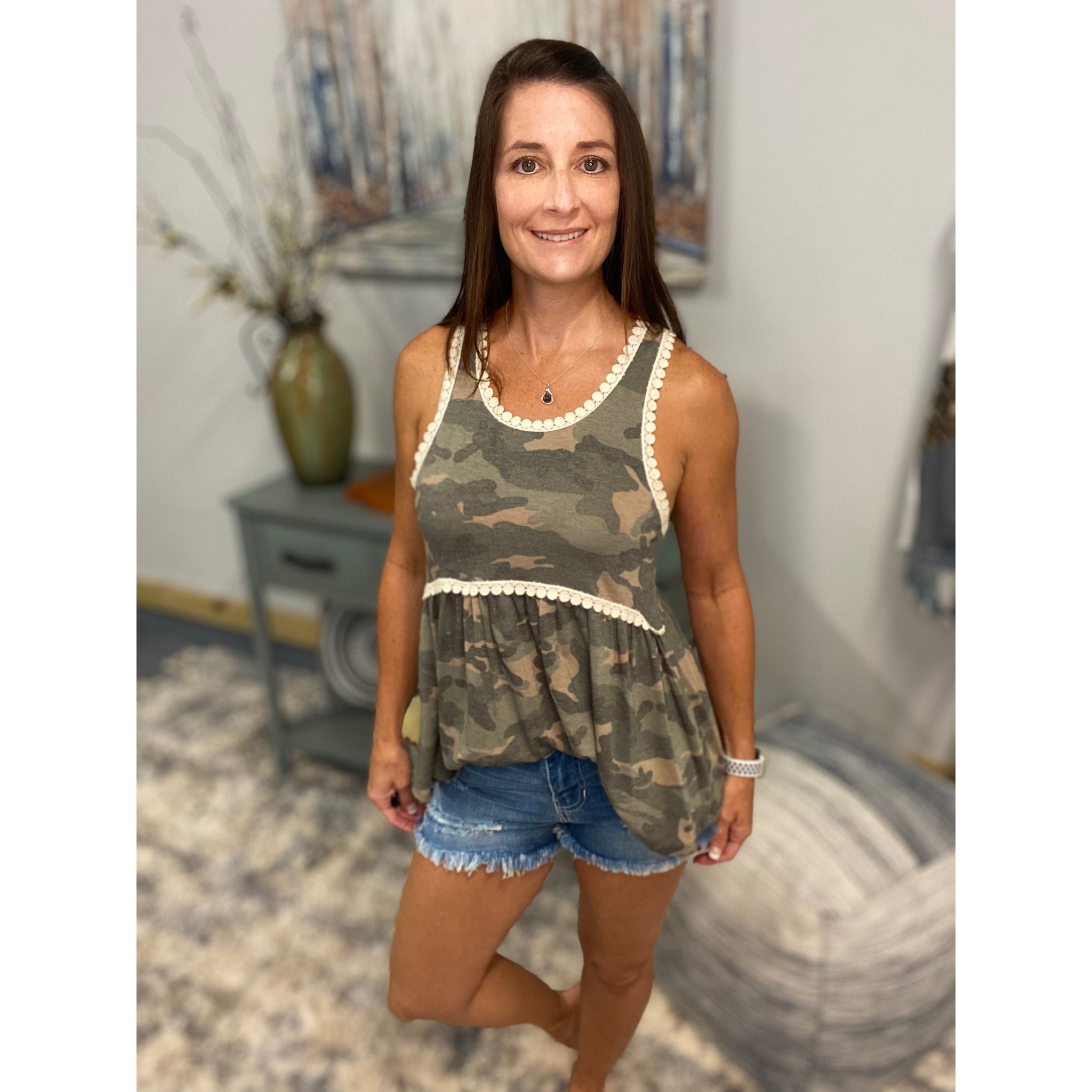 Crochet Trim Camouflage Baby Doll Sleeveless Tank Top Green S/M/L
