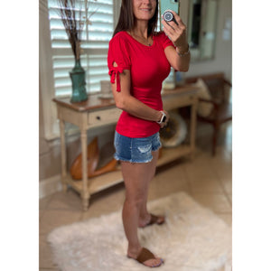 "Love On Top" Sexy Slimming Self Tie Keyhole Short Sleeve Round Neck Top Red S/M/L