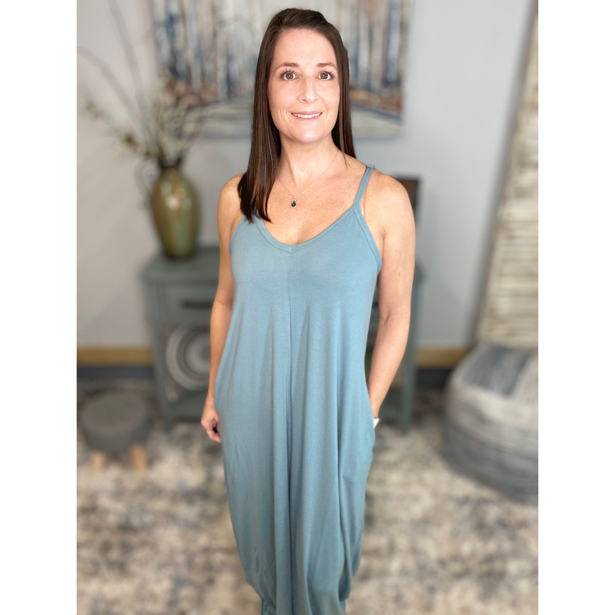 “Just A Little Bit Longer” V-Neck Cami Tank Maxi Long Tube Pocket Dress Blue S/M/L/XL