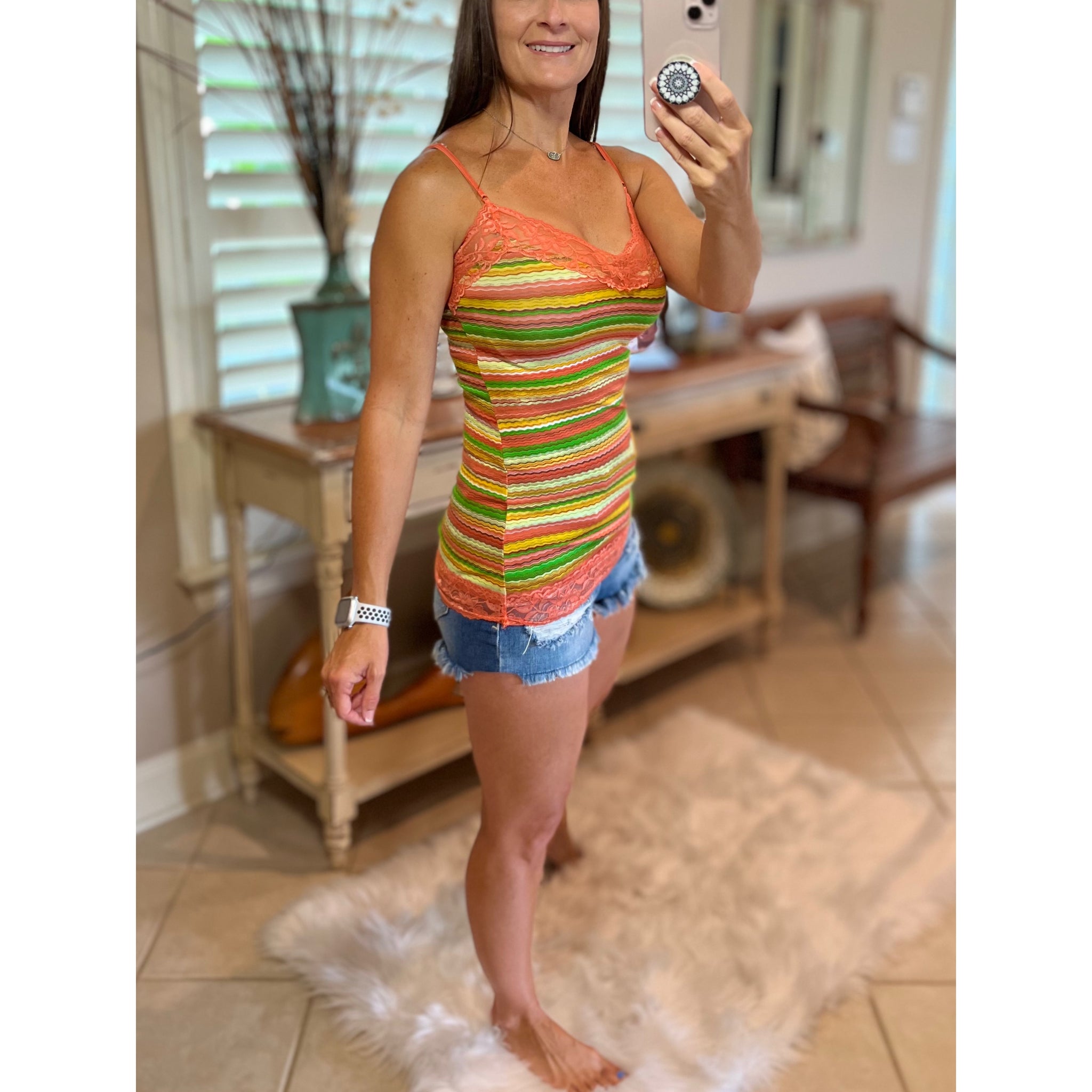 Striped Low Cut Cleavage Retro Lace Summer Tank Cami Top Tunic Peach S/M/L