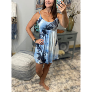 “Carefree Highway” Tie Dye Mini V-Neck Cami Tank Dress Adjustable Blue S/M/L