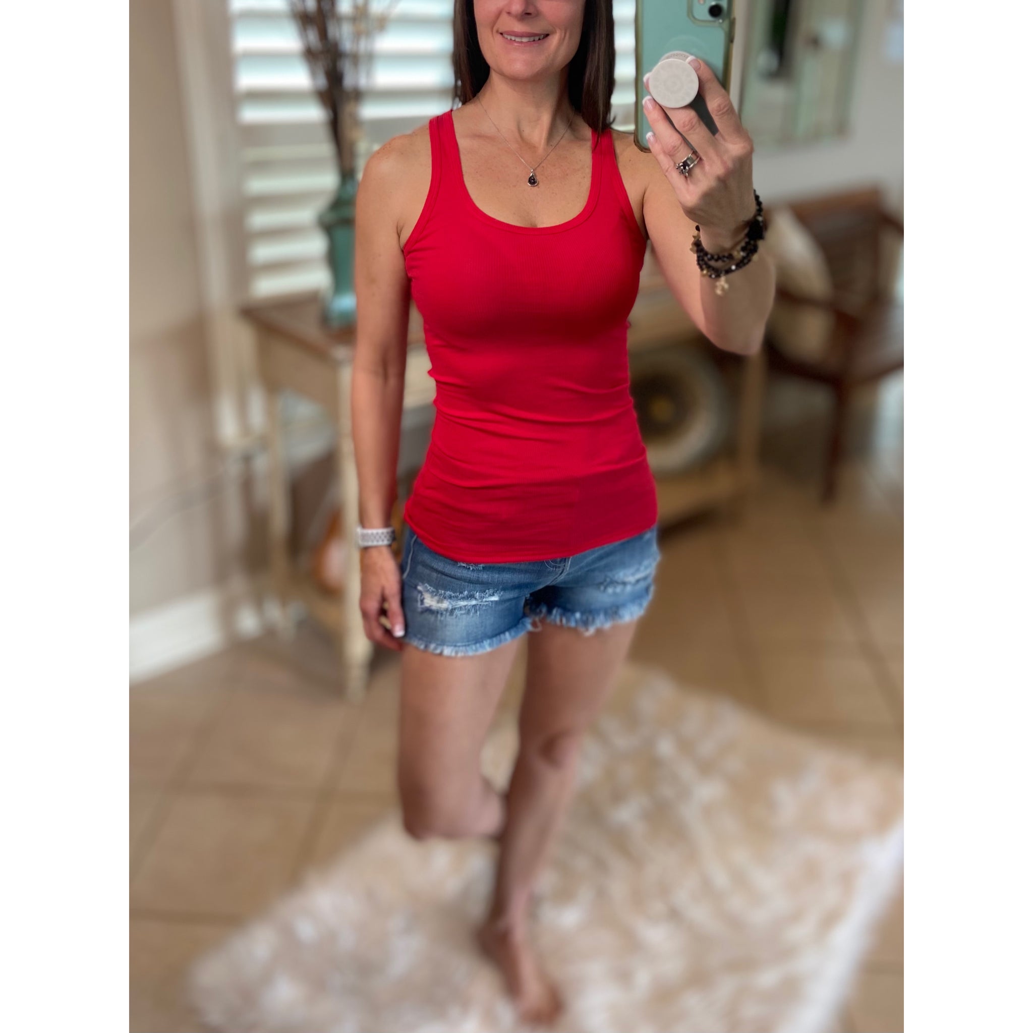 "Can't Touch This" Ribbed Low Scoop Boy Beater Cleavage Fitted Tank Top Red S/M/L/XL