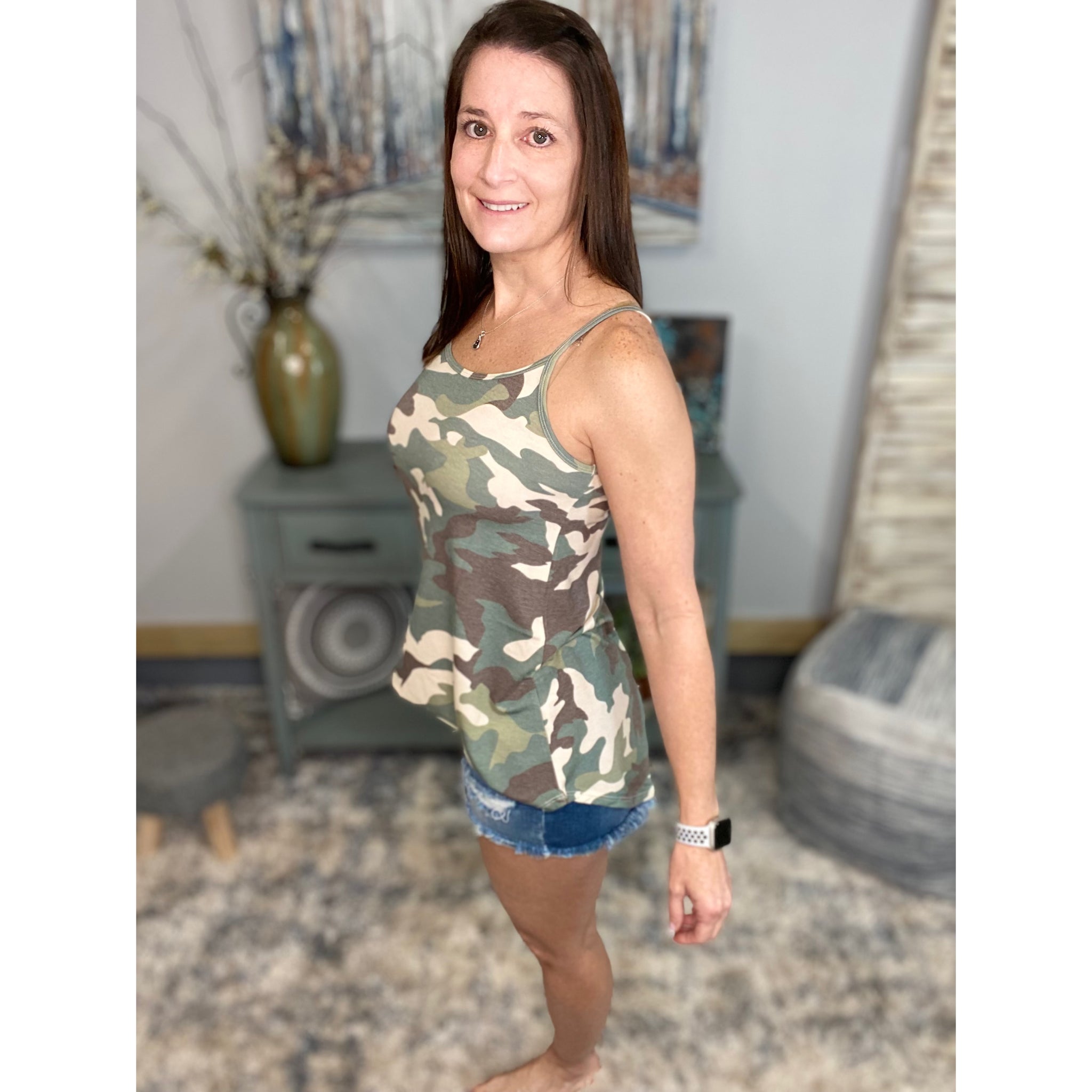 “Heat Wave” Reversible Camouflage Low Scoop Or V-Neck Tank Shirt Top Light Green S/M/L/XL