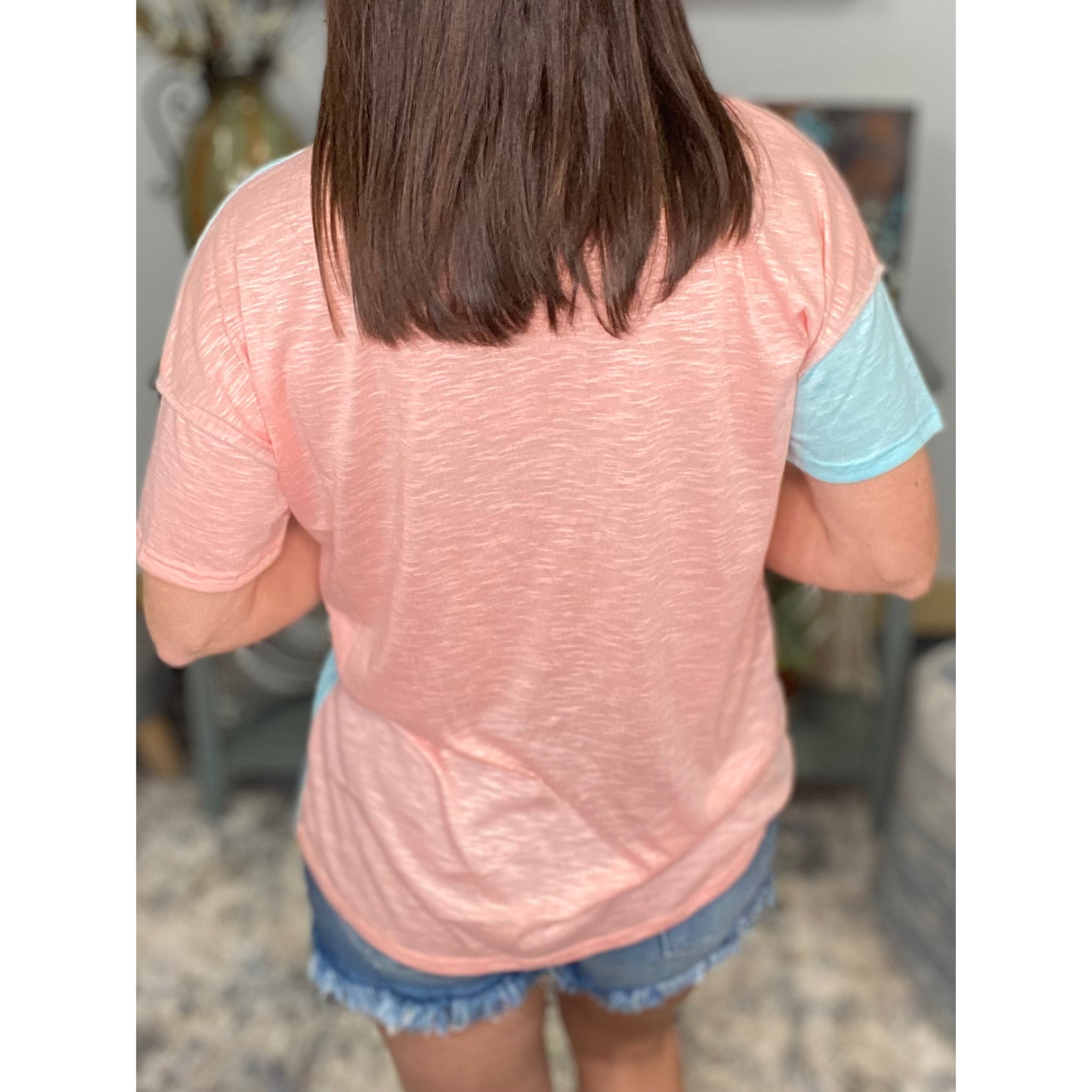“Give It Up” Color Block Contrast Melange Round Neck Short Sleeve Lightweight Shirt Pink Mint
