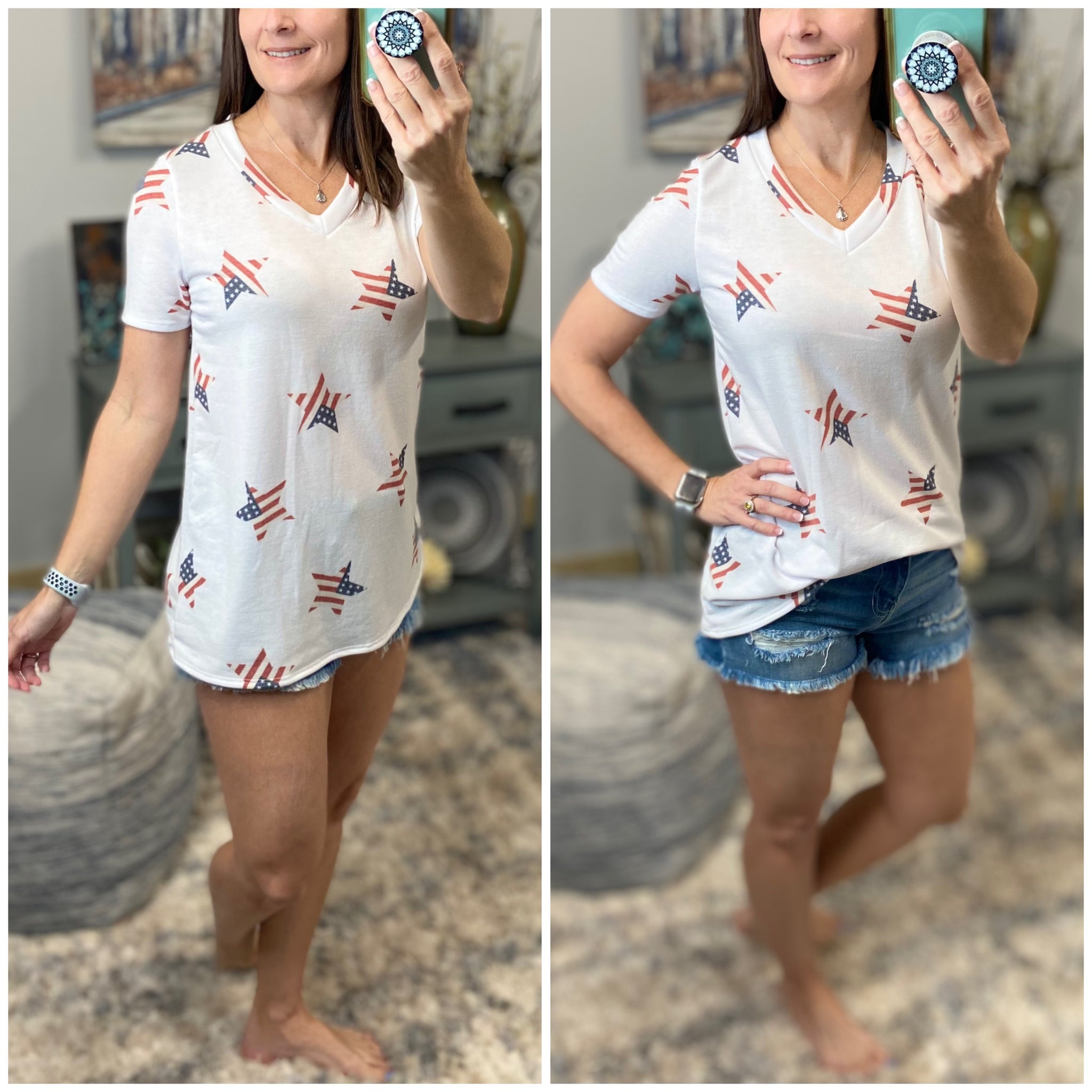 "All American Girl" Stars and Stripes 4th of July Star Print V-Neck Red White Blue S/M/L/XL
