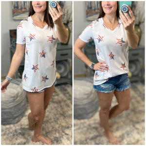 "All American Girl" Stars and Stripes 4th of July Star Print V-Neck Red White Blue S/M/L/XL