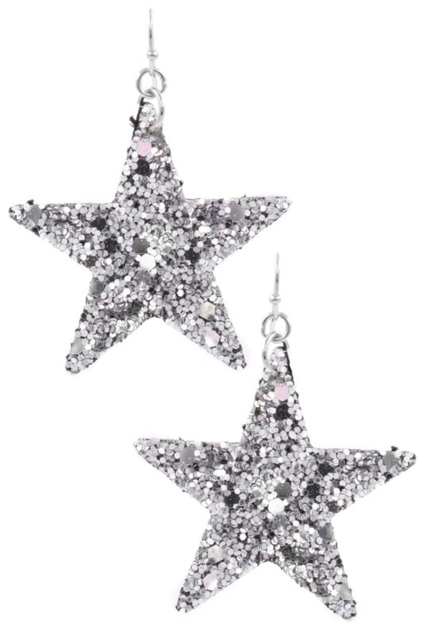 “Ring In The New Year” Glitter Stone Star Hook Earrings Silver