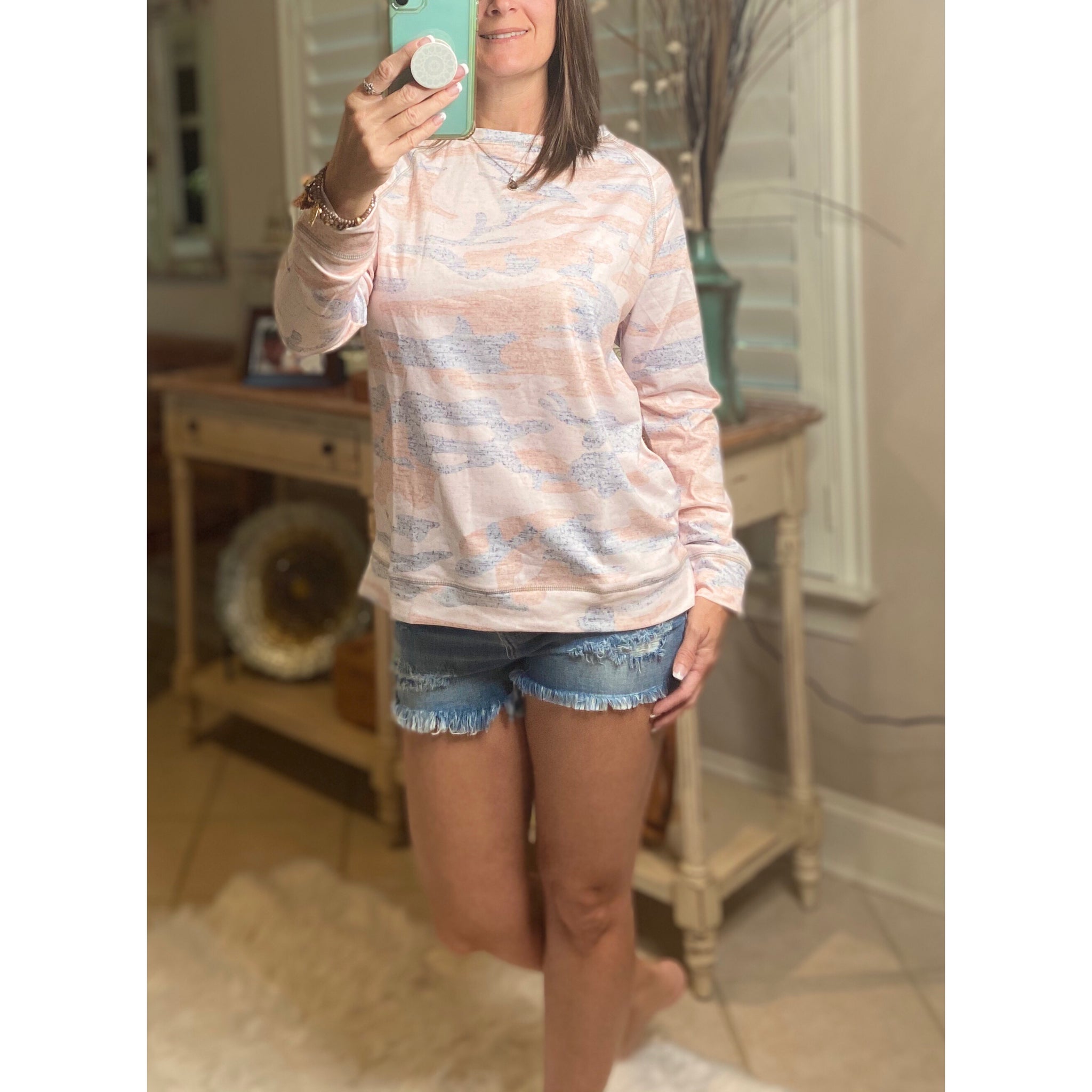 “I’m Lovin It” Camouflage Round Neck Banded Bottom Split Side Sweatshirt Pink