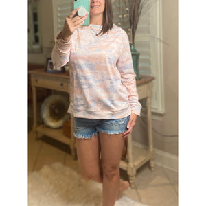 “I’m Lovin It” Camouflage Round Neck Banded Bottom Split Side Sweatshirt Pink