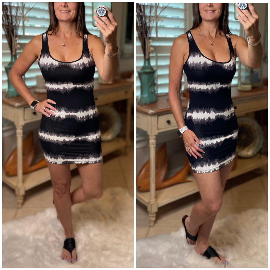 "Black Magic Woman" Striped Tie Dye Scoop Racerback Cleavage Bodycon Mini Summer Tank Dress Black S/M/L