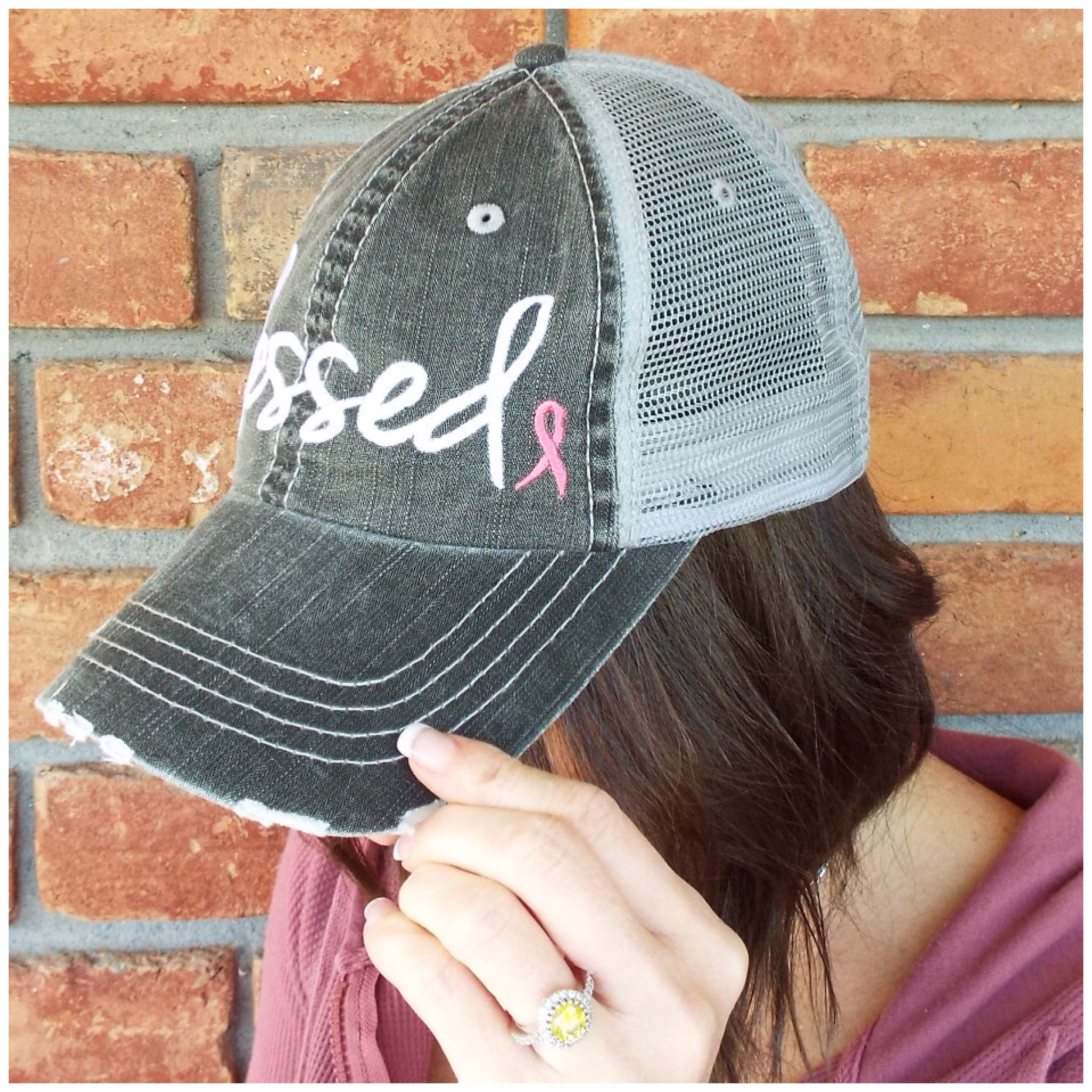 “Blessed” Pink Cancer Ribbon Distressed Embroidered Trucker Hat Mess Back Dark Gray