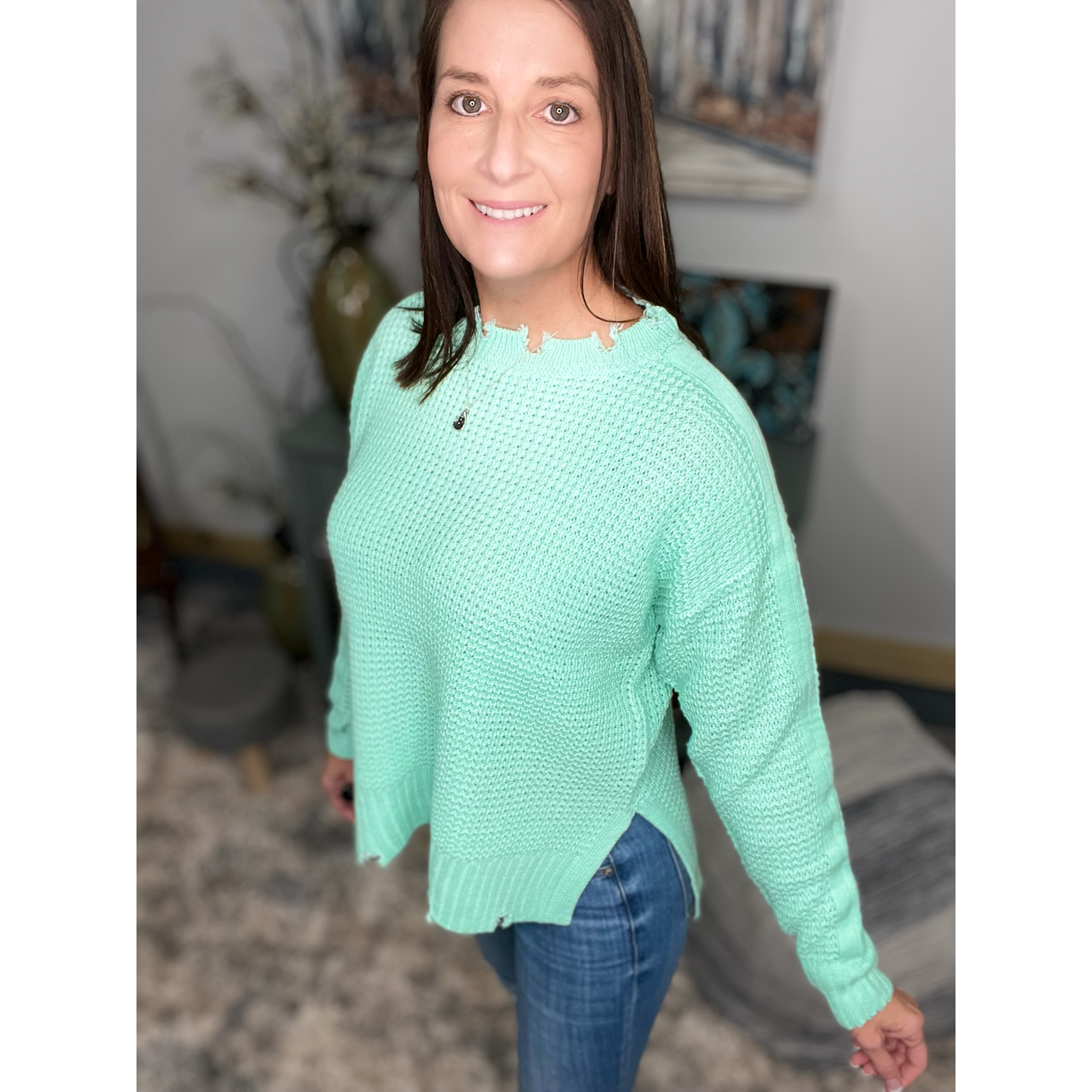 Mint Julep” Chunky Waffle Knit Sweater Distressed Drop Shoulder Round – Hot  Southern Mess Boutique