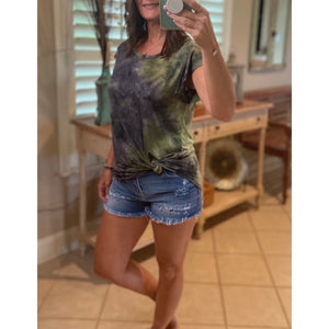 “Midnight Sky” Tie Dye Short Flutter Sleeve Round Neck Bottom Retro 70s Top Green Multi