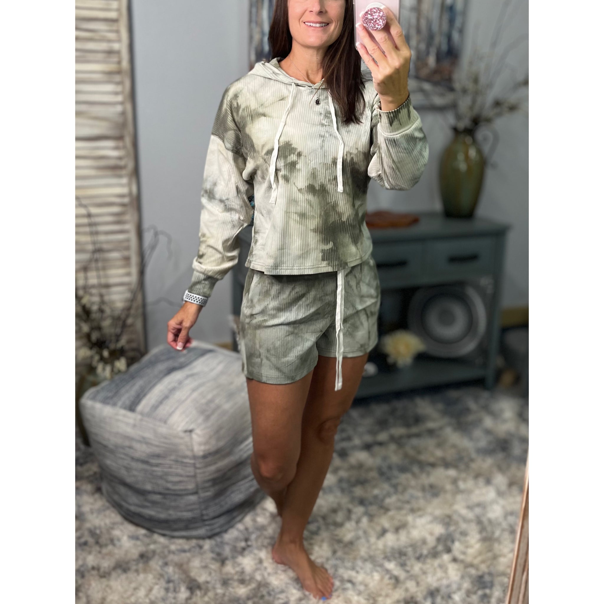 “Be The Light” Tie Dye Lounge Hoodie Drawstring Ribbed Long Sleeve Top & Shorts Set Olive Green