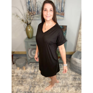 "Timeless" Boxy V-Neck Rolled Cuff Sleeve Pocket Summer Tee Shirt Dress Black S/M/L/XL