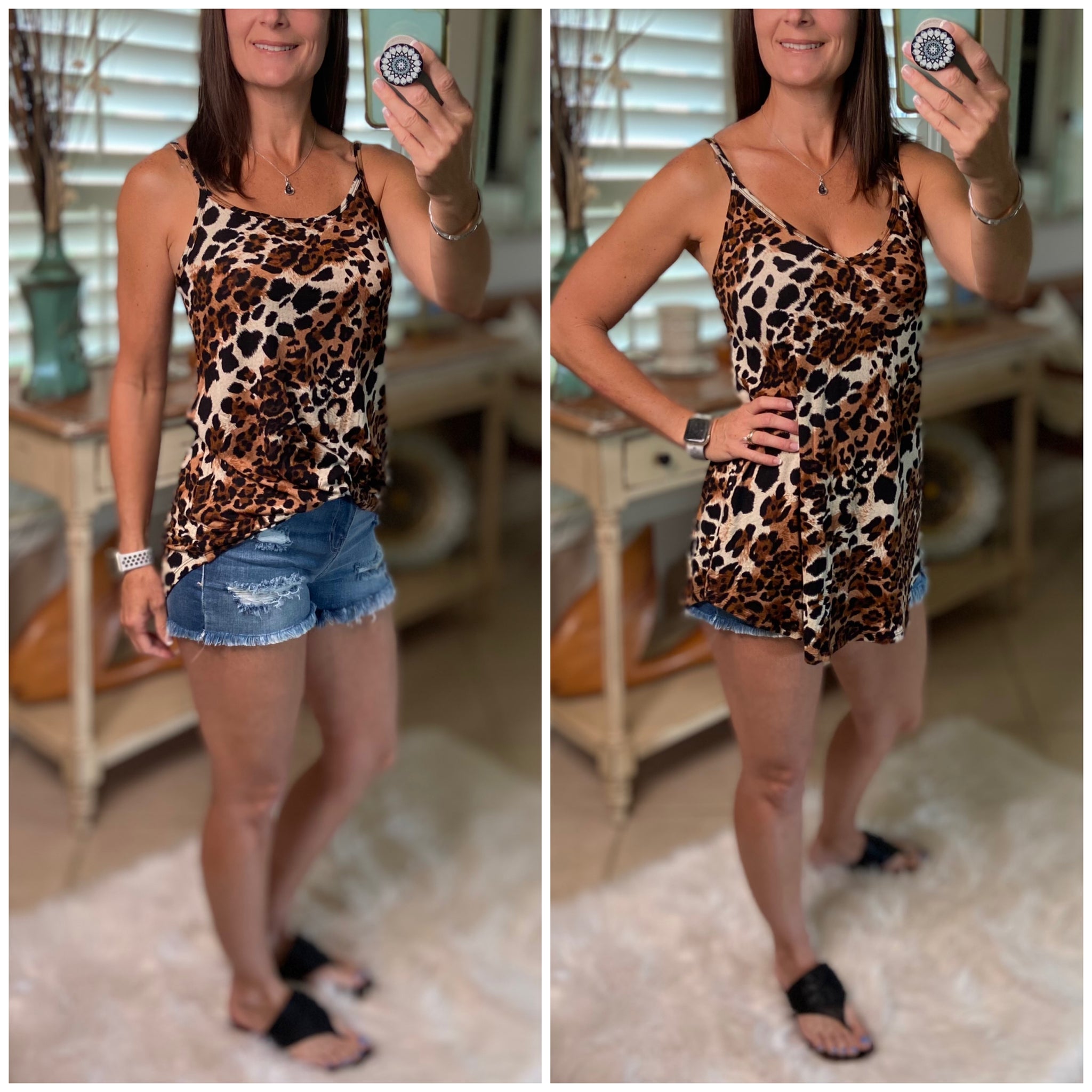 “Heat Wave” Reversible Leopard Low Scoop Or V Neck Spaghetti Strap Tank Top Brown