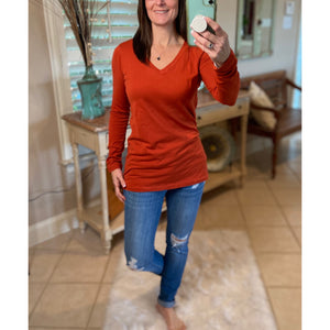 “Be My Baby” Loose Slimming V Neck Low Cut Long Sleeve Tissue Basic Baby Shirt Top Rust