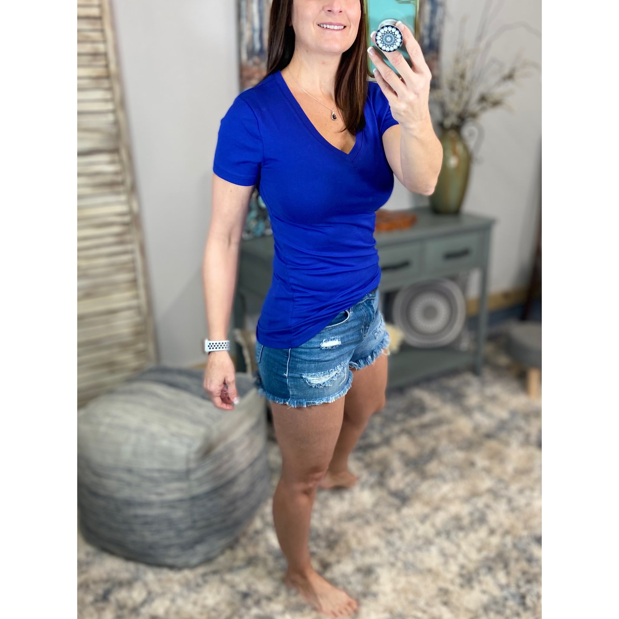 “Basic Babe” Low Cut V-Neck Cleavage Boyfriend Baby Slimming Basic Tee Shirt Sapphire Blue S/M/L