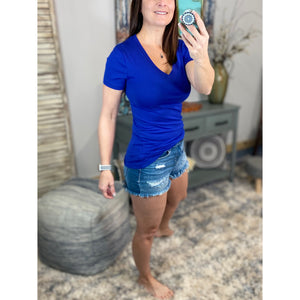 “Basic Babe” Low Cut V-Neck Cleavage Boyfriend Baby Slimming Basic Tee Shirt Sapphire Blue S/M/L