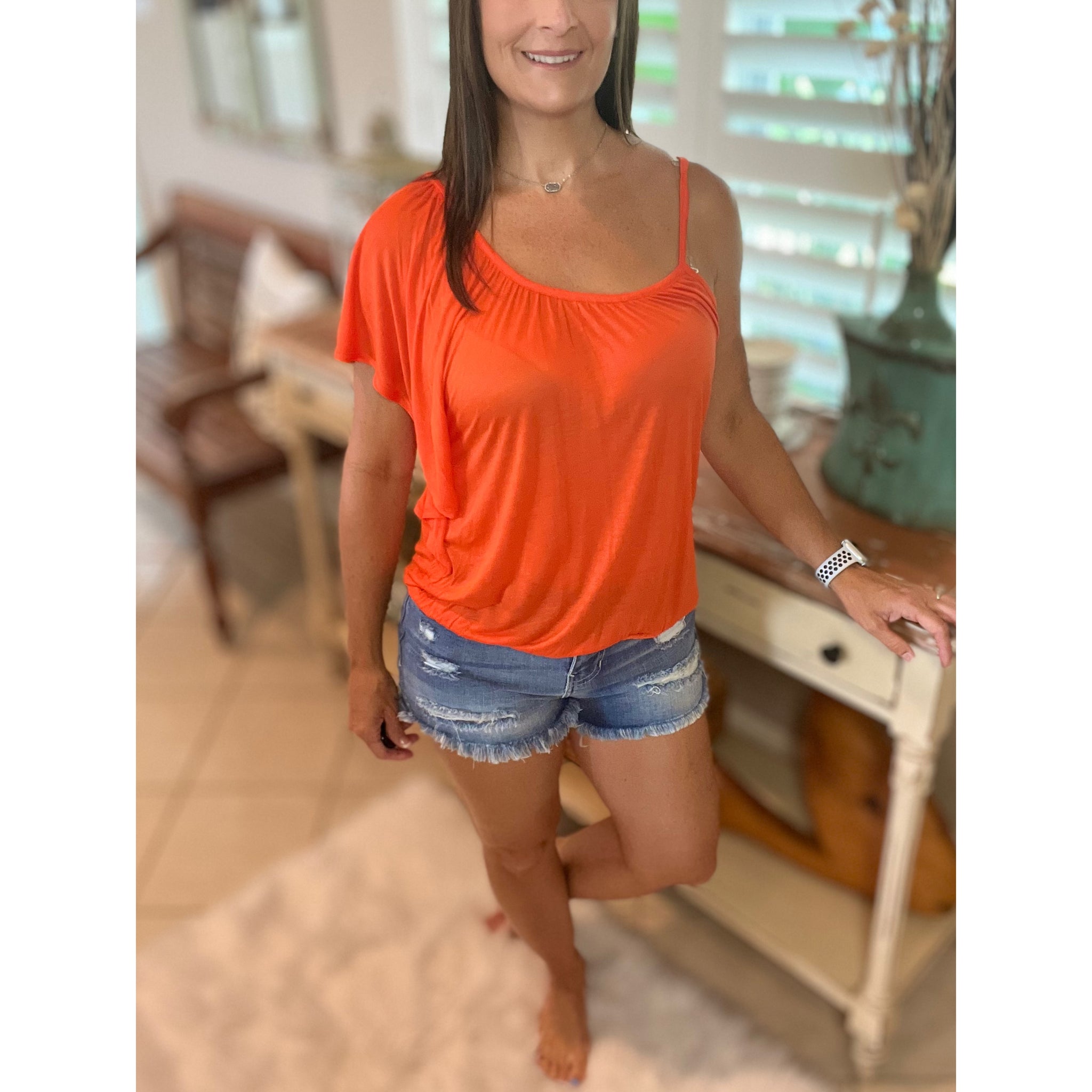 Dolman Ruched Flutter Batwing Cold One Shoulder Club Top Orange S/M/L