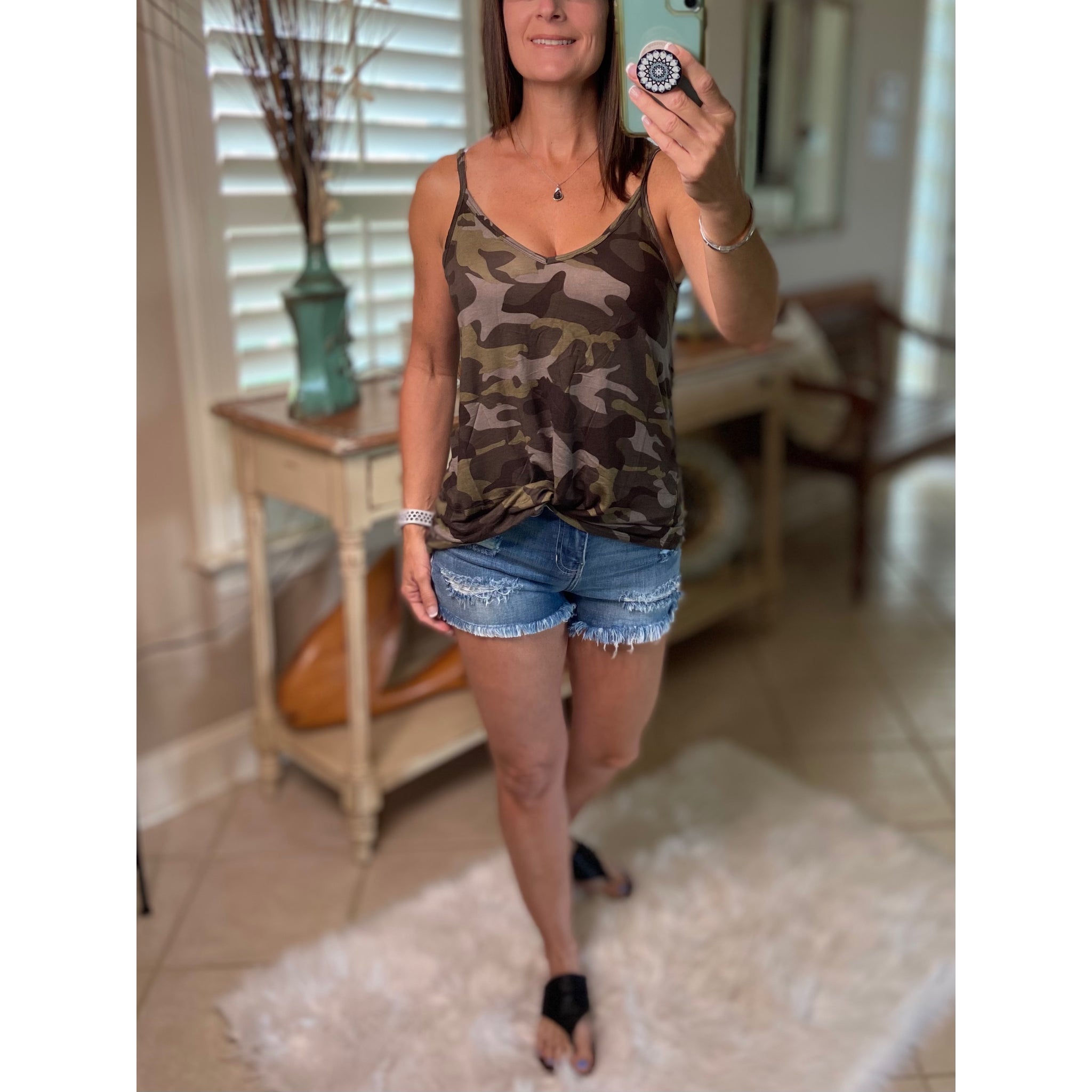 “Heat Wave” Reversible Camouflage Low Scoop Or V Neck Spaghetti Strap Tank Top Green