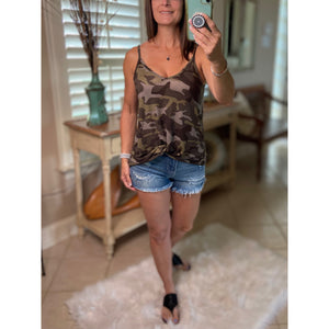 “Heat Wave” Reversible Camouflage Low Scoop Or V Neck Spaghetti Strap Tank Top Green