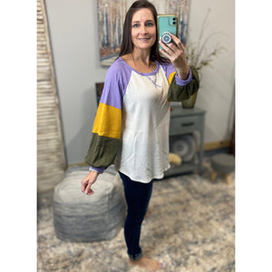 “Mambo Mama” Mardi Gras Waffle Color Block Balloon Sleeve Shirt Purple Green & Gold Ivory