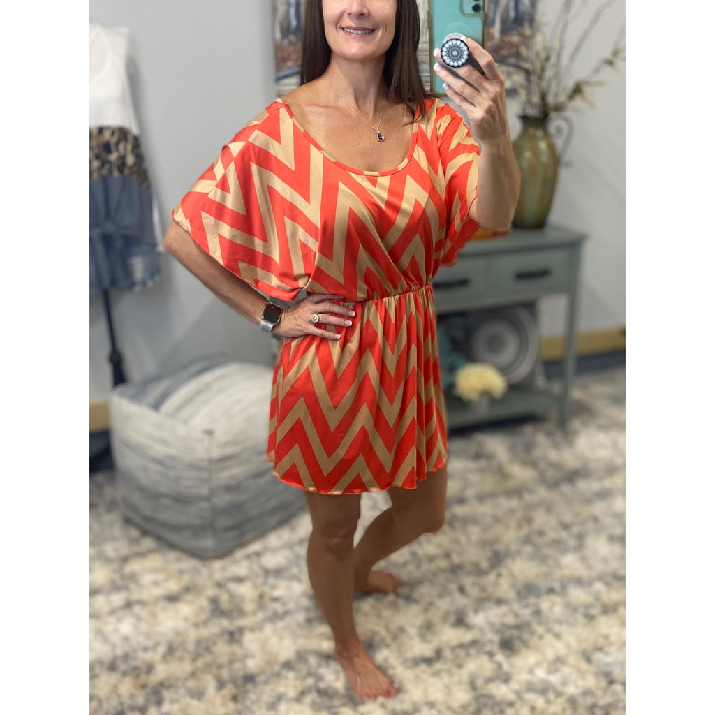 Sexy Chevron Zig Zag Print Batwing Dolman Elastic Waist Dress Tan/Coral S/M/L/XL