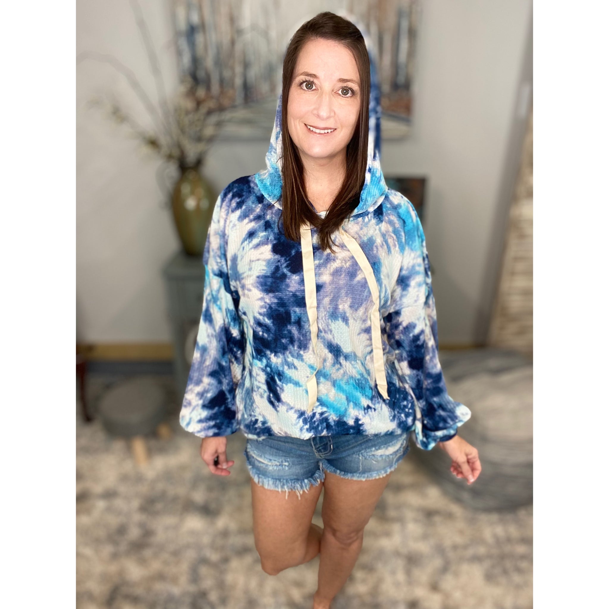 “Free Bird” Tie Dye Crew Neck Waffle Drawstring Light Long Sleeve Hoodie Blue