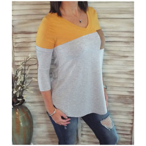 Suede Pocket Elbow Detail V Neck Floaty Color Block Tunic 3/4 Sleeve Yellow Gray