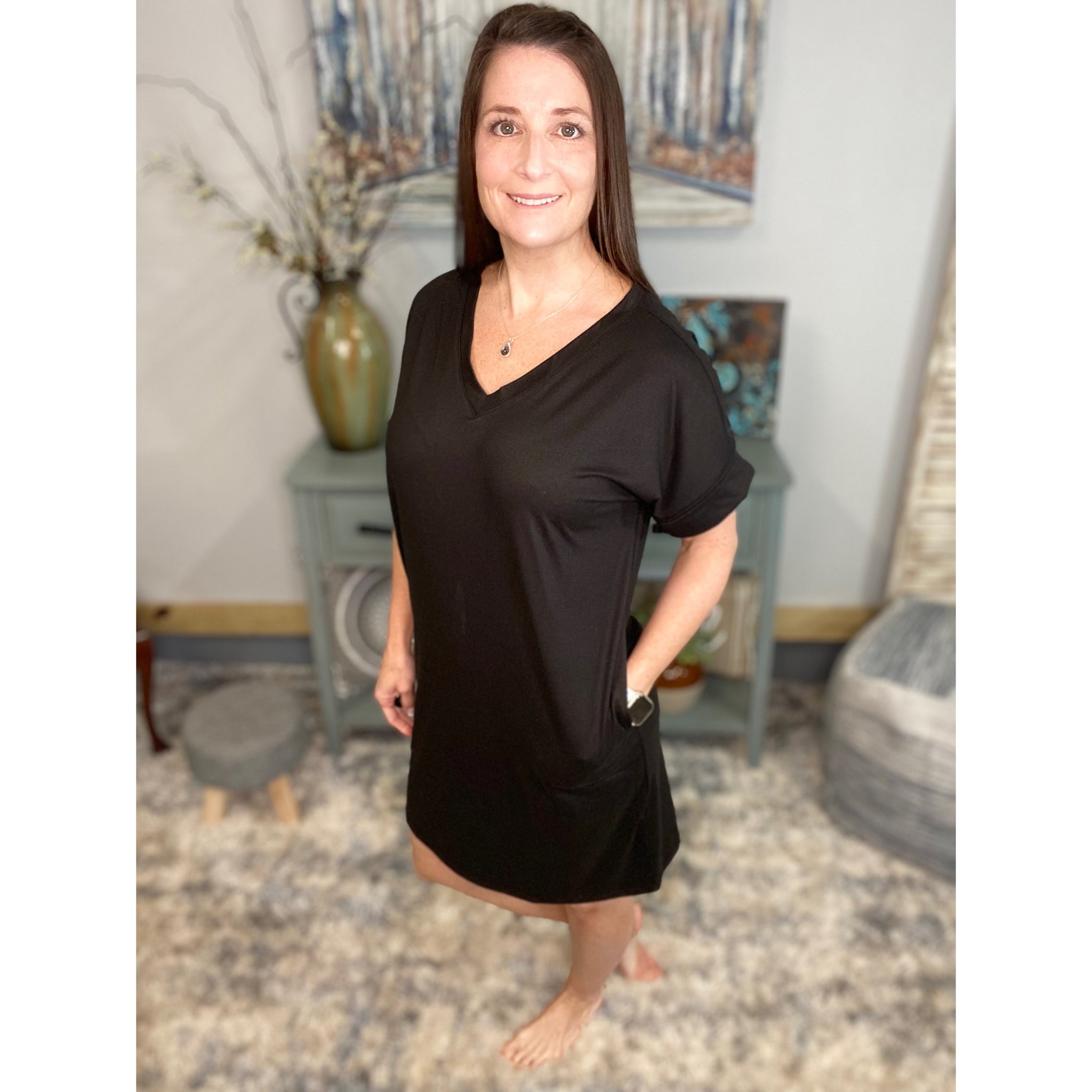 "Timeless" Boxy V-Neck Rolled Cuff Sleeve Pocket Summer Tee Shirt Dress Black S/M/L/XL