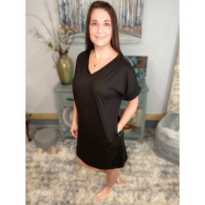 "Timeless" Boxy V-Neck Rolled Cuff Sleeve Pocket Summer Tee Shirt Dress Black S/M/L/XL