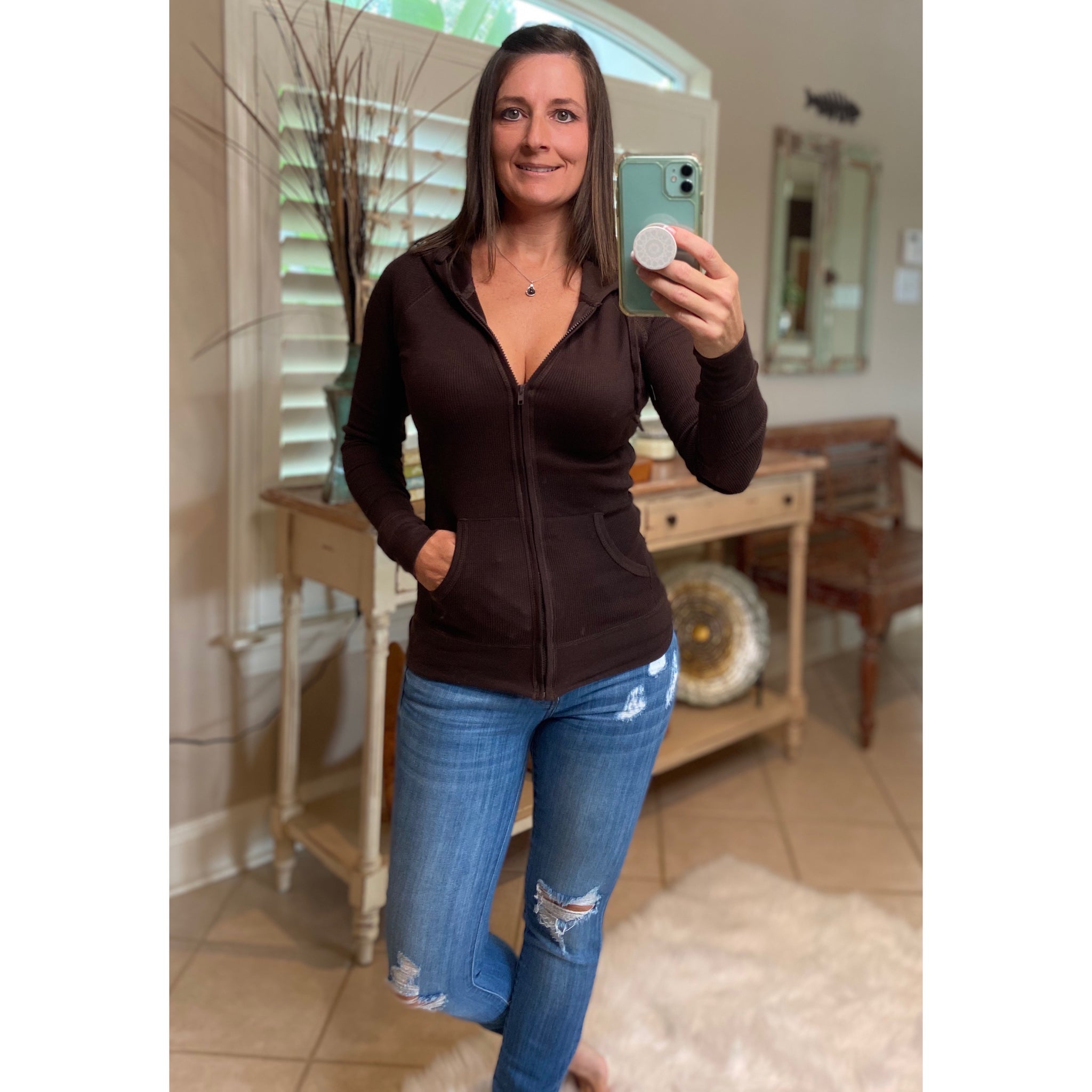 "Get Cozy" Zip Up Waffle Thermal Hoodie Light Jacket Sweater Yoga Brown