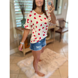 "Can't Buy Me Love" Heart Valentine Round Neck Short Ruffle Flutter Sleeve Top Red White